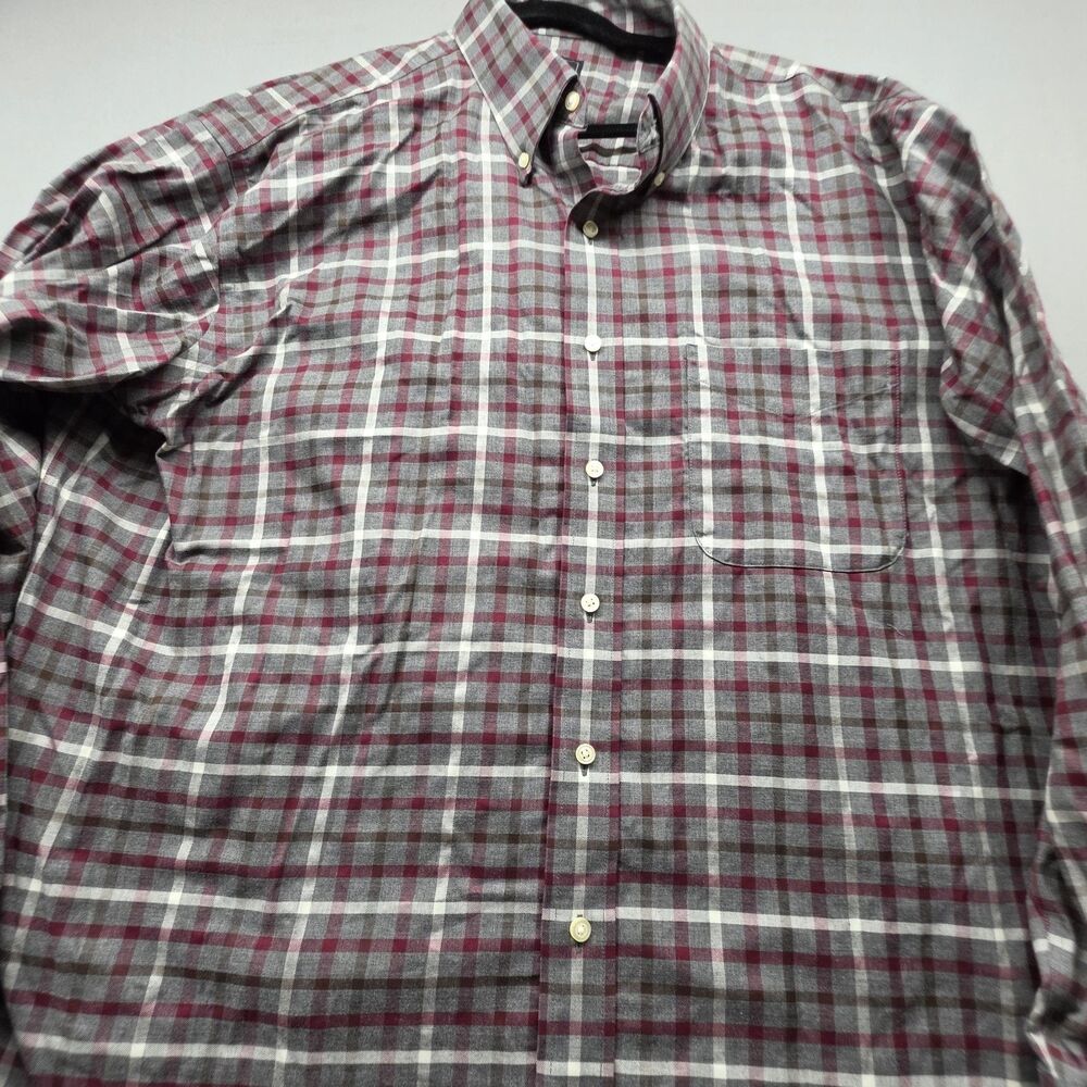 Jos A Bank Traveler Men's 2X Flannel Shirt Gray Burgundy Plaid 100% Cotton